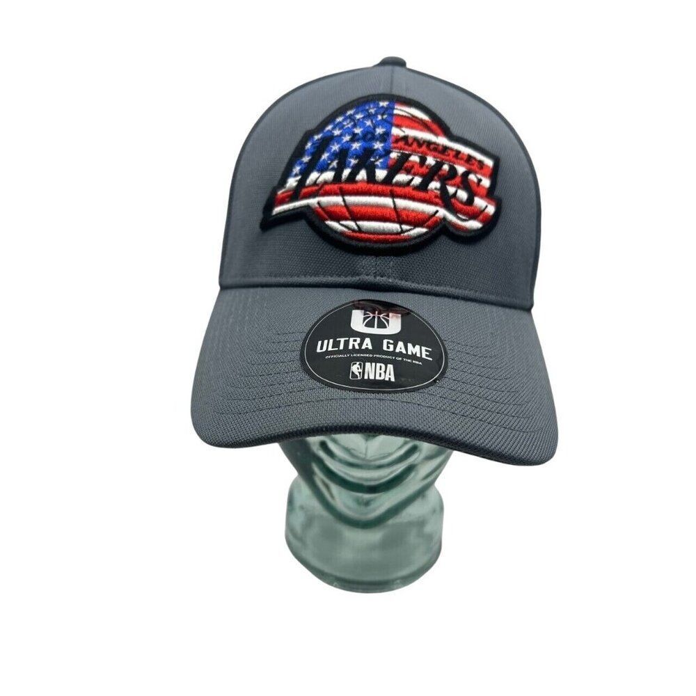 NBA‎ Los Angeles Lakers Hat OSFA Gray Red White Blue Flag Logo USA Ultra Game
